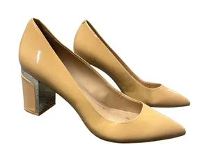 DKNY Womens Nude Beige Patent Pointed Toe Block Heel Pumps Gold Accents Size 8.5 thumbnail 1