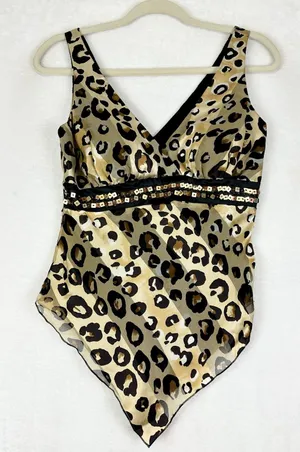 Vintage Cache Y2K 100% Silk Leopard Print Beaded Hankerchief Hem Tank Top Size 2 thumbnail 1