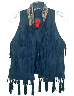 V Christina Faux Suede Fringe Blue Vest Size S Festival Ready Boho thumbnail 1