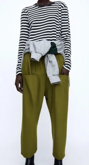 ZARA NWT Baggy Low Waisted Pants W Pockets Green thumbnail 1