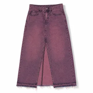BDG Denim Maxi Skirt Mauve Berry Wash High Waist Front Slit Raw Hem XS thumbnail 3
