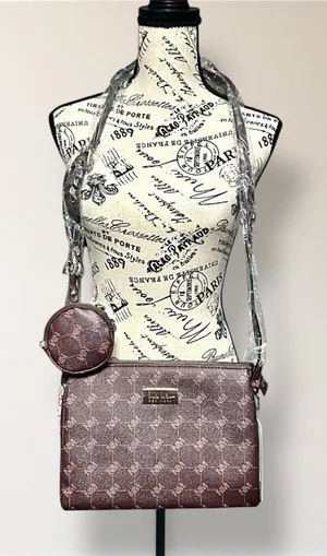 New Nicole Miller‎ New York Brown Monogram Crossbody Bag Coin Purse Minimal Luxe thumbnail 1