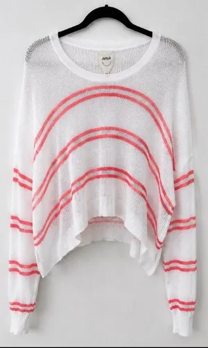 Aerie Open Knit Striped Sweater Medium White Coral Pink Oversized High Low Hem thumbnail 1
