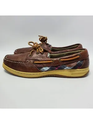 Sperry Top Slider Bluefish Plaid Slip On Oxford Boat Shoes Leather Sz 7 M Brown thumbnail 2