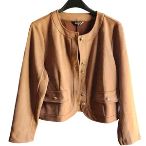 Allegra K Womens Jacket Brown Faux Suede Cropped‎ Gold Button L thumbnail 2