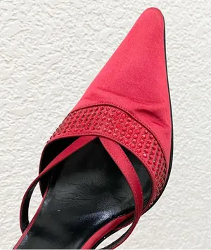 Vintage ESCADA Red Satin Embellished Pointy Toe Sling Back High Heels Pump 37 thumbnail 9