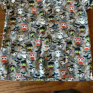 Halloween V-neck Scrub Top Owls Bats Witches Two Pockets Size Medium Medical Vet thumbnail 4