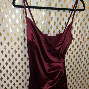Shasa Red satin stretchy wrap dress long dress with slit formal spicy size L thumbnail 4