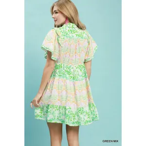 Umgee Mixed Floral Tiered Mini Dress with‎ Flutter Sleeves - Green Mix - Small thumbnail 4
