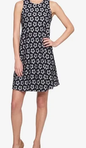 Tommy Hilfiger Floral Lace Trapeze Dress Sleeveless Shift Navy Blue White Size 6 thumbnail 1
