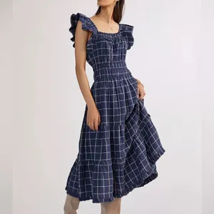 Anthropologie Magali Pascal Ruffled Linen Midi Dress Windowpane Large Wedding thumbnail 12