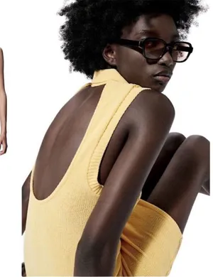 Zara Yellow Perforated Collared‎ Sleeveless V-Neck Knit Mini Dress Medium thumbnail 1
