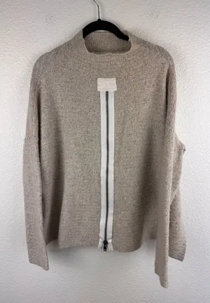 Free People‎ Mock Neck Zip Front Tassel Detail Oversized Knit Sweater Beige XS thumbnail 1