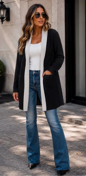 IMAN Cotton Blend Black Cardigan with White Interior thumbnail 1