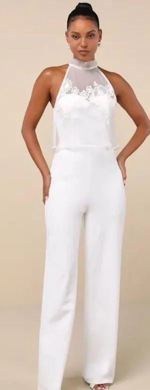 Formally Invited White Embroidered Organza Flounce Jumpsuit thumbnail 1