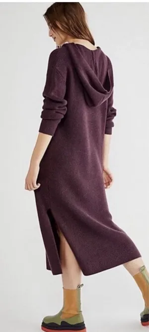 Free People Beach Claudia Midi Sweater Dress Plum Hooded V-Neck Side Slit Knit thumbnail 1