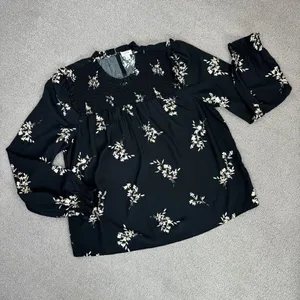 J. Crew Floral Smocked Ruffle Trim Blouse Black‎ Tan Large thumbnail 12