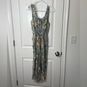American Eagle women’s blue green floral‎ sleeveless capri jumpsuit summer XS thumbnail 6