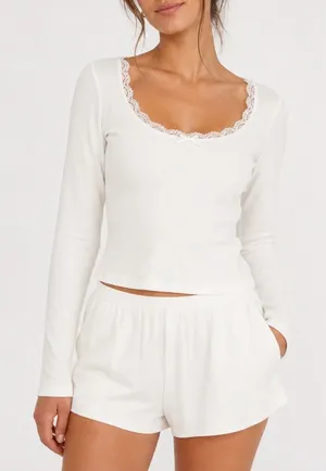 Cream White Ribbed Long Sleeve Lace Trim Bow Square Neck Coquette Top Small thumbnail 1