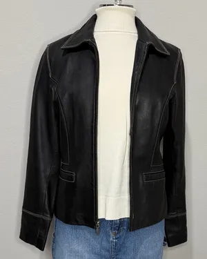 Modern Essentials Black Leather Jacket w Contrast Stitching Size M Size M thumbnail 1