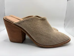Anthropologie Blaire Suede Perforated Mules Size 10 Taupe Boho Western Block Heel thumbnail 2