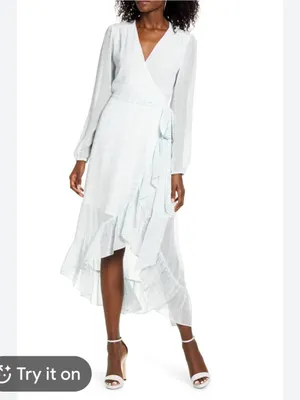 WAYF Blue White Gingham Wrap Ruffle Hi Low Midi Dress NWT M Cottagecore thumbnail 2