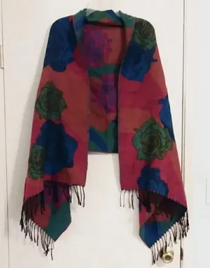 Rose Patterned Colorful Fringed Scarf/ Shawl Pink thumbnail 1