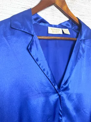 Vintage Victoria's Secret Gold Label Royal Blue Satin Button-Up Nightgown Small thumbnail 4