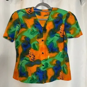 Vintage Orange Blue Green Button Blouse XL thumbnail 1
