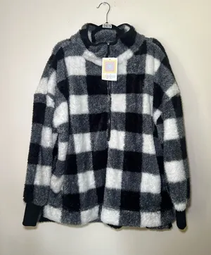 LuLaRoe Nancy Black and White Buffalo Check Fuzzy Half Zip Sweater thumbnail 1