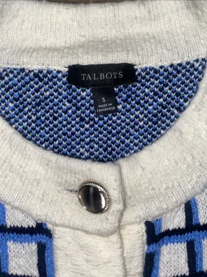 Talbots textured stitch crewneck Grid Knit Cardigan Sweater silver tone buttons thumbnail 2