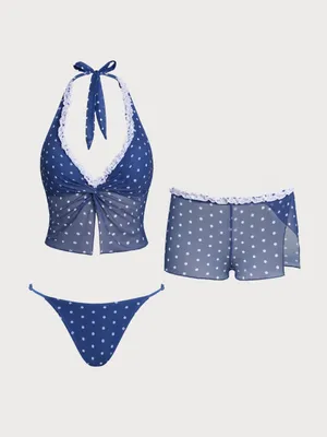 Samiol 3-piece Navy Polka Dot Halter Tankini Set with Ruffle Trim thumbnail 6