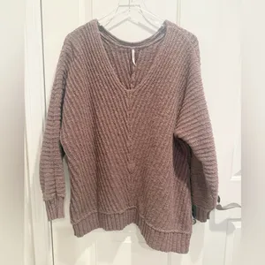 FREE‎ PEOPLE Sunset V-neck Sweater in Brown Chucky Knit Oversized Ribbed Knit thumbnail 2