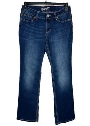 Wrangler SZ 9/10 Bootcut Jeans Mid-Rise Stretch Zip-Fly Whiskered Dark Wash Blue thumbnail 1