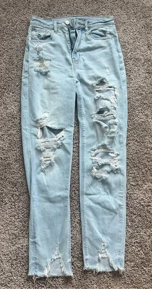 American Eagle Outfitters Light Blue Distressed Straight Leg Jeans thumbnail 1