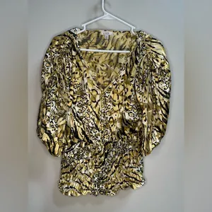 Cache Vintage 1980s Gold Cheetah Print Silk Dolman‎ Blouse Cinched Waist Women S thumbnail 2