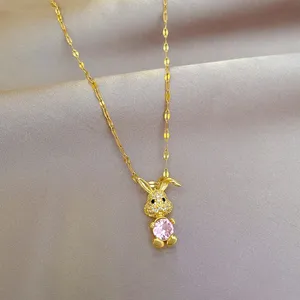 18K Gold Plated Bunny Pendant Necklace for Women,Pink Crystal Rabbit Necklace thumbnail 2