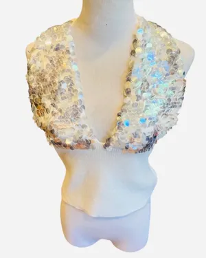 NWT 12th Tribe Trinity Knit Sequin Halter Top White L Cropped Soft thumbnail 4