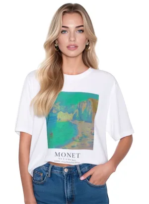 NWOT Monet Art Crop T Shirt White Graphic Tee The Beach Falaise d’Amont This NWOT Monet Art Crop T Shirt in white features a graphic design inspired by The Beach Falaise d’Amont 1889, making it a stylish and artistic addition to any woman's wardrobe. Made from 100% cotton, this regular fit tee has a crew neckline and a cropped style for a modern and trendy look. Perfect for art enthusiasts or those looking to add a unique touch to their outfit, this T-shirt is comfortable and versatile, ideal for everyday wear. thumbnail 1