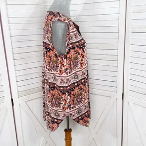 Loft Boho Floral Split Neck Sleeveless Tunic Tank Top Shirt Peach‎ Coral Medium thumbnail 4