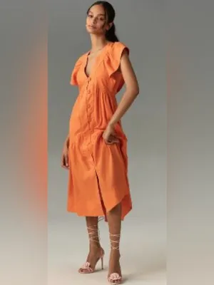 Reneé Flutter-Sleeve Linen Button-Front Midi Dress Pockets Orange Size Medium thumbnail 3