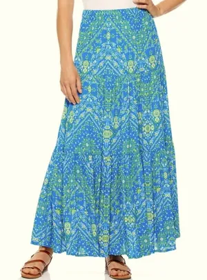 Scoop Blue Yellow Floral‎ Printed Tiered Maxi Skirt thumbnail 1