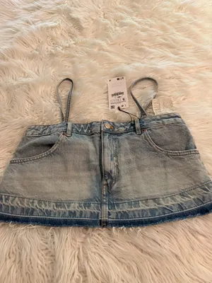 ZARA Light Blue Denim Mini Shirt with Straps size S brand new length 10” thumbnail 5
