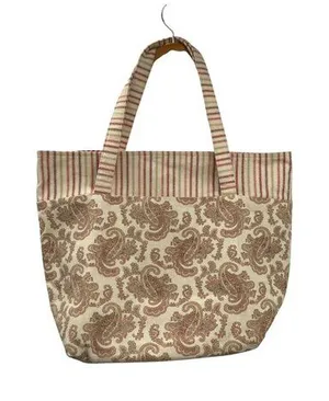 Fabric Tote Used Striped Paisley Gingham Red Beige Excellent Condition thumbnail 1