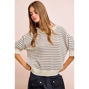 BiBi Stripes Short Sleeves Rib Banded Outseam Knit Top‎ - Cream/Grey - Medium thumbnail 11