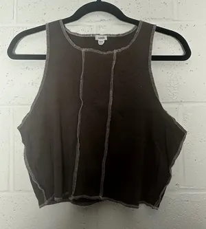 Garage Brown Ribbed Lettuce Hem Cropped Tank Top TG‎ XL thumbnail 1