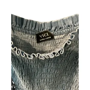 VICI Chambray Blue Romper NWOT XL Smocked Bow Tie Strap Pockets Square Neck Boho thumbnail 5