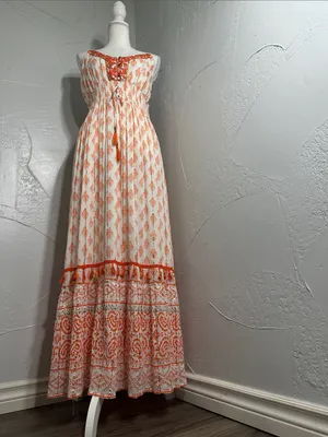 Me 2 Magic Boho Maxi Dress Orange White Embroidered V-Neck Fringe. thumbnail 11