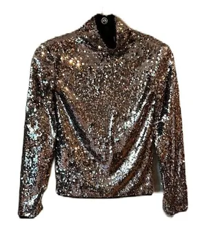 Chelsea28 new with tags‎ Silver Sequin Mock Neck Long Sleeve Top XS thumbnail 1