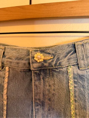 Zara‎ High Rise Tweed Trim Jewel Button Crop Wide Leg Light Wash Jeans thumbnail 6